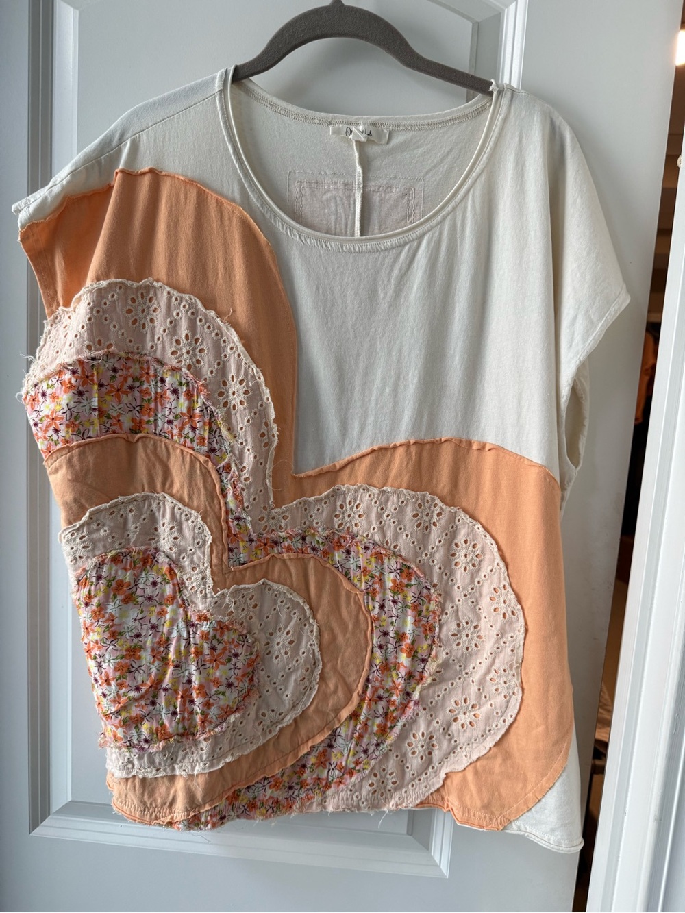Oli & Hali Cream and Peach Patchwork Heart Short Sleeve Top